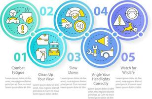 Driving safety at night blue round infographic template. Data visualization with 5 steps. Editable timeline info chart. Workflow layout with line icons vector