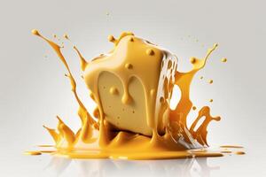 A delicious melting cheese splash in a realistic style. Hot cheese or cheddar splash. Tasty cheese liquid splash. Cheese sauce crown splash. For italian food, world cheese day, dessert by photo