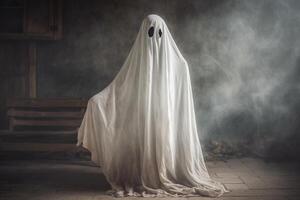 Human in spooky ghosts costume flying inside the old house or forest at night. Spooky halloween background with ghost. Ghost on halloween celebration concept by photo