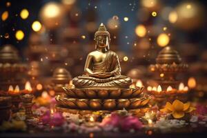 A buddha sits in a garden with a lotus and candles. Background for vesak festival celebration. Vesak day concept. Vesak celebration day greetings by photo