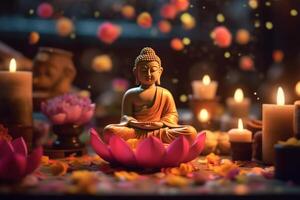 un Buda se sienta en un jardín con un loto y velas antecedentes para vesak festival celebracion. vesak día concepto. vesak celebracion día saludos por ai generado foto