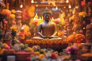 A buddha sits in a garden with a lotus and candles. Background for vesak festival celebration. Vesak day concept. Vesak celebration day greetings by photo