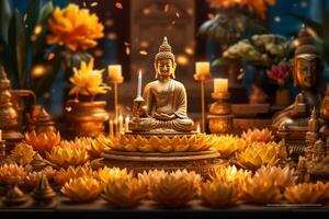 A buddha sits in a garden with a lotus and candles. Background for vesak festival celebration. Vesak day concept. Vesak celebration day greetings by photo