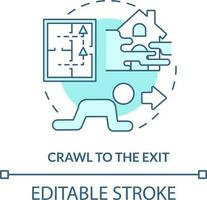 Crawl to exit turquoise concept icon. Escape house from fire abstract idea thin line illustration. Avoid deadly smoke. Isolated outline drawing. Editable stroke vector