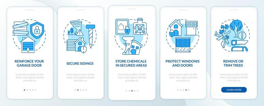 Safety precautions for hurricanes blue onboarding mobile app screen. Walkthrough 5 steps editable graphic instructions with linear concepts. UI, UX, GUI template vector