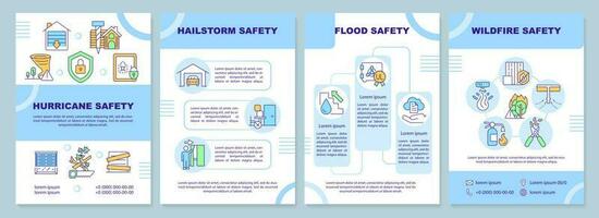 Natural disasters safety measures blue brochure template. Leaflet design with linear icons. Editable 4 vector layouts for presentation, annual reports