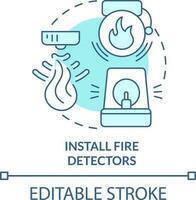 Install fire detectors turquoise concept icon. Wild fire safety abstract idea thin line illustration. Smoke alarms. Isolated outline drawing. Editable stroke vector