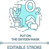 Put on oxygen mask turquoise concept icon. Surviving accident abstract idea thin line illustration. Drop in cabin pressure. Isolated outline drawing. Editable stroke vector