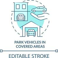 Park vehicles in covered areas turquoise concept icon. Hailstorm safety abstract idea thin line illustration. Arrangement. Isolated outline drawing. Editable stroke vector