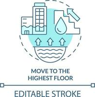 Move to highest floor turquoise concept icon. Flood precautionary measure abstract idea thin line illustration. Isolated outline drawing. Editable stroke vector