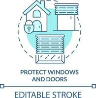 Protect windows and doors turquoise concept icon. Tornadoes safety abstract idea thin line illustration. Shutters. Isolated outline drawing. Editable stroke vector