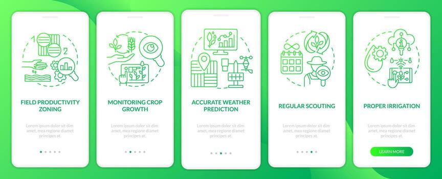 Increased crop yield factors green gradient onboarding mobile app screen. Walkthrough 5 steps graphic instructions with linear concepts. UI, UX, GUI template vector