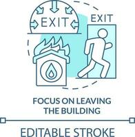 Focus on leaving building turquoise concept icon. Survive fire abstract idea thin line illustration. Move to nearest exit. Isolated outline drawing. Editable stroke vector