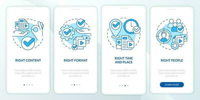 Content principles blue onboarding mobile app screen. Promotion walkthrough 4 steps editable graphic instructions with linear concepts. UI, UX, GUI template vector