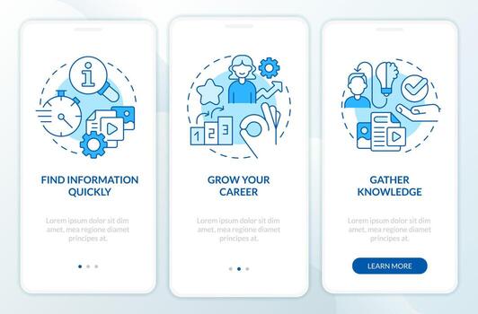 Expectations from content blue onboarding mobile app screen. User walkthrough 3 steps editable graphic instructions with linear concepts. UI, UX, GUI template vector