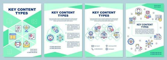 Key content types green brochure template. Brand promotion. Leaflet design with linear icons. Editable 4 vector layouts for presentation, annual reports