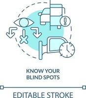 Know your blind spots turquoise concept icon. Driving safety for commercial driver abstract idea thin line illustration. Isolated outline drawing. Editable stroke vector