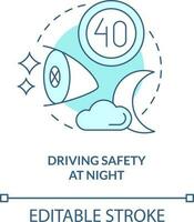 Driving safety at night turquoise concept icon. Situational driving safety abstract idea thin line illustration. Isolated outline drawing. Editable stroke vector