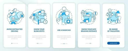 Driving safety rules for commercial drivers blue onboarding mobile app screen. Walkthrough 5 steps editable instructions with linear concepts. UI, UX, GUI template vector