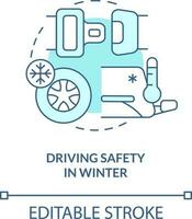 Driving safety in winter turquoise concept icon. Situational driving safety abstract idea thin line illustration. Isolated outline drawing. Editable stroke vector