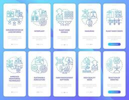 Farming productivity blue gradient onboarding mobile app screen set. Walkthrough 5 steps graphic instructions with linear concepts. UI, UX, GUI template vector