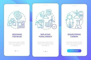 Carbon removal strategies blue gradient onboarding mobile app screen. Clean air walkthrough 3 steps graphic instructions with linear concepts. UI, UX, GUI template vector