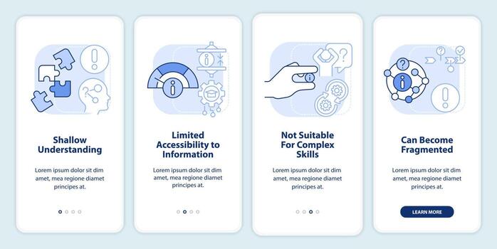 Microtraining negatives light blue onboarding mobile app screen. Walkthrough 4 steps editable graphic instructions with linear concepts. UI, UX, GUI template vector