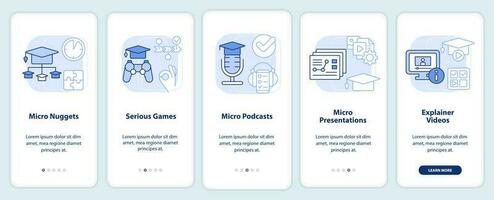 Delivering microlearning ways light blue onboarding mobile app screen. Walkthrough 5 steps editable graphic instructions with linear concepts. UI, UX, GUI template vector