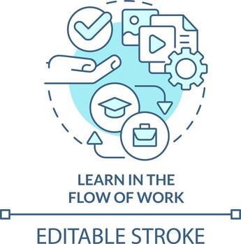 Learn in flow of work turquoise concept icon. Staff development. Key imperative abstract idea thin line illustration. Isolated outline drawing. Editable stroke vector