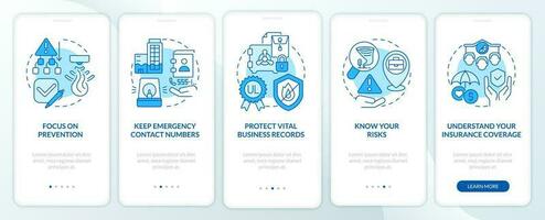 Business disaster planning blue onboarding mobile app screen. Walkthrough 5 steps editable graphic instructions with linear concepts. UI, UX, GUI template vector