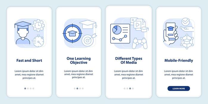 Microlearning features light blue onboarding mobile app screen. Walkthrough 4 steps editable graphic instructions with linear concepts. UI, UX, GUI template vector