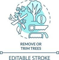 Remove and trim trees turquoise concept icon. Safety precaution abstract idea thin line illustration. Prune branches. Isolated outline drawing. Editable stroke vector