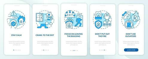 Escape house from fire blue onboarding mobile app screen. Walkthrough 5 steps editable graphic instructions with linear concepts. UI, UX, GUI template vector