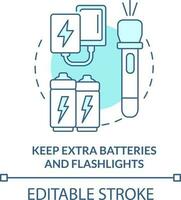 Keep extra batteries and flashlights turquoise concept icon. Flood safety measure abstract idea thin line illustration. Isolated outline drawing. Editable stroke vector