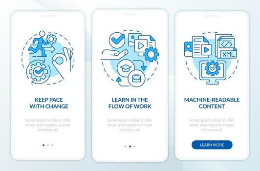 Key imperatives blue onboarding mobile app screen. Content design walkthrough 3 steps editable graphic instructions with linear concepts. UI, UX, GUI template vector
