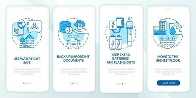 Flood safety measures blue onboarding mobile app screen. Walkthrough 4 steps editable graphic instructions with linear concepts. UI, UX, GUI template vector