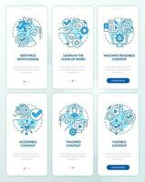 Content design blue onboarding mobile app screen set. E business walkthrough 3 steps editable graphic instructions with linear concepts. UI, UX, GUI template vector