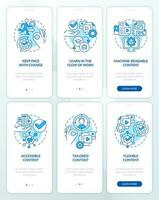 Content design blue onboarding mobile app screen set. E business walkthrough 3 steps editable graphic instructions with linear concepts. UI, UX, GUI template vector