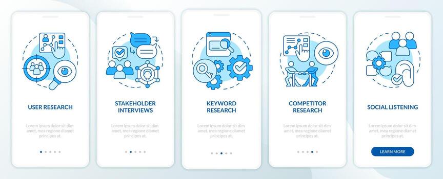 Research for content design blue onboarding mobile app screen. Data walkthrough 5 steps editable graphic instructions with linear concepts. UI, UX, GUI template vector