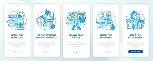 Surviving wildfire at home blue onboarding mobile app screen. Walkthrough 5 steps editable graphic instructions with linear concepts. UI, UX, GUI template vector