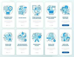 Disasters precautionary measures blue onboarding mobile app screen set. Walkthrough 5 steps editable graphic instruction with linear concepts. UI, UX, GUI template vector