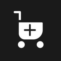 Add item to shopping cart dark mode glyph ui icon. Buy products. User interface design. White silhouette symbol on black space. Solid pictogram for web, mobile. Vector isolated illustration