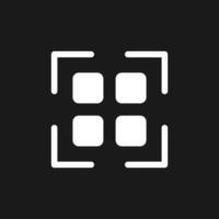 Scanning qr code dark mode glyph ui icon. Get info from e-store. User interface design. White silhouette symbol on black space. Solid pictogram for web, mobile. Vector isolated illustration
