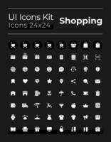 E commerce white glyph ui icons set for dark mode. Shopping. Silhouette symbols on black background. Solid pictograms for web, mobile. Vector isolated illustrations