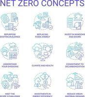 Net zero blue gradient concept icons set. Reducing pollution process. Carbon removal idea thin line color illustrations. Isolated symbols vector