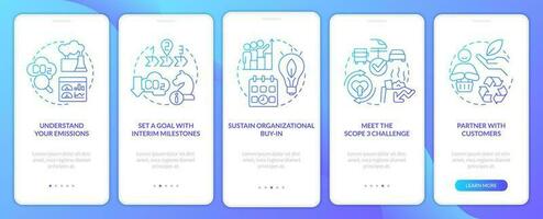 Change to net zero blue gradient onboarding mobile app screen. Reduce emissions walkthrough 5 steps graphic instructions with linear concepts. UI, UX, GUI template vector