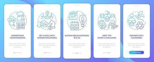 Change to net zero blue gradient onboarding mobile app screen. Reduce emissions walkthrough 5 steps graphic instructions with linear concepts. UI, UX, GUI template vector