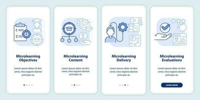 Microlearning components light blue onboarding mobile app screen. Walkthrough 4 steps editable graphic instructions with linear concepts. UI, UX, GUI template vector
