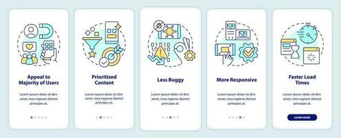 Advantages of mobile first design onboarding mobile app screen. Walkthrough 5 steps editable graphic instructions with linear concepts. UI, UX, GUI template vector