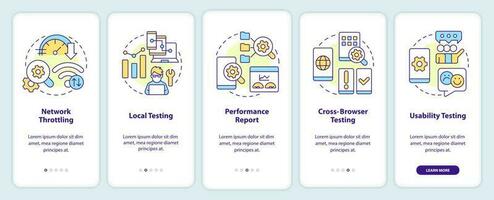 Mobile first design testing onboarding mobile app screen. Walkthrough 5 steps editable graphic instructions with linear concepts. UI, UX, GUI template vector